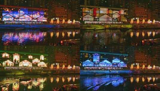 成都锦江区东门码头灯光秀和游船夜景实时高清在线视频素材下载