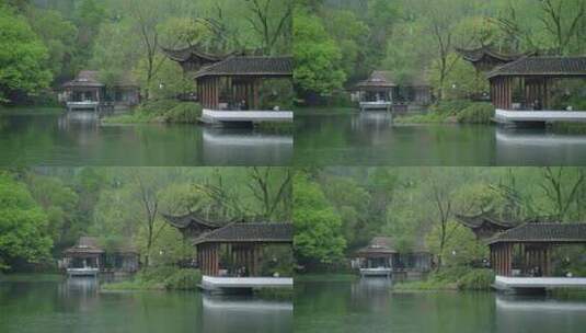 春天杭州乌龟潭阴雨天古建筑植物绿色自然高清在线视频素材下载