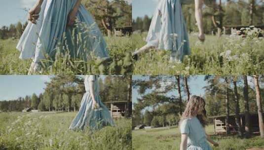 女生走在草地上  草地 氛围 意境  空境高清在线视频素材下载