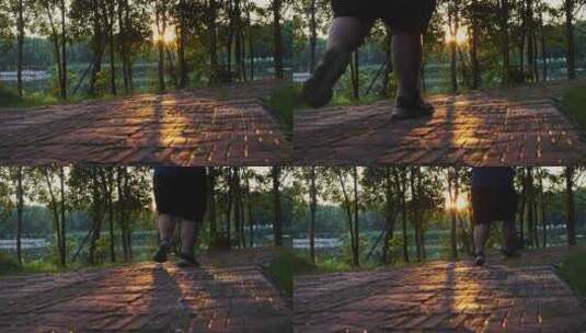 公园逆光夕阳下一个肥胖男子在跑步减肥高清在线视频素材下载