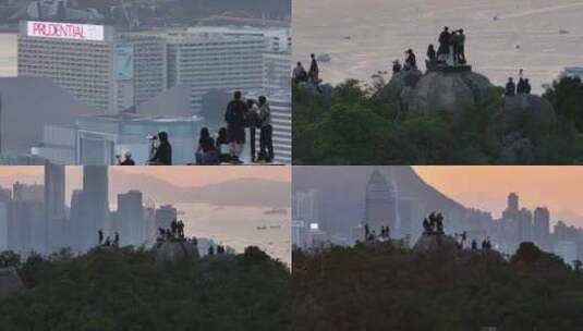 香港宝马山观景平台傍晚夕阳航拍高清在线视频素材下载