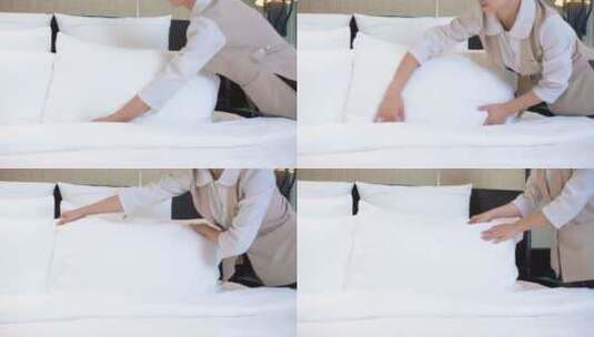 精品 · 酒店客房女服务人员整理枕头高清在线视频素材下载