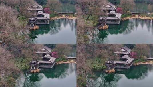 中国杭州西湖浴鹄湾古典建筑白雪红梅高清在线视频素材下载