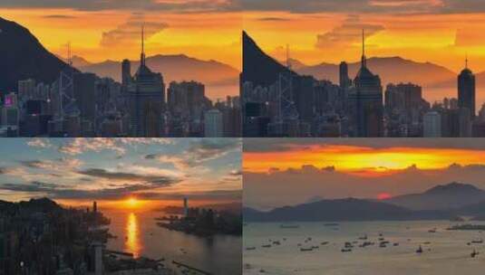 航拍香港维多利亚港日落晚霞高清在线视频素材下载