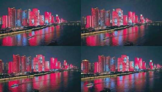 4k长沙湘江橘子洲夜景航拍高清在线视频素材下载