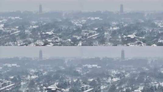 航拍瘦西湖景区园林大明寺观音山宋夹城雪景高清在线视频素材下载