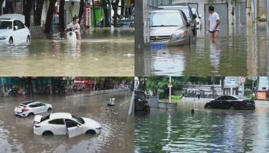 广西南宁暴雨内涝多车被泡民众深水中骑行高清在线视频素材下载