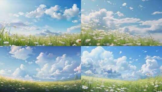 草地蓝天白云和小雏菊高清在线视频素材下载
