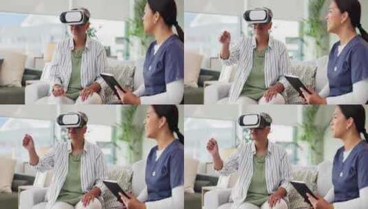 老人、妇女和护士配备虚拟现实耳机，用于未高清在线视频素材下载