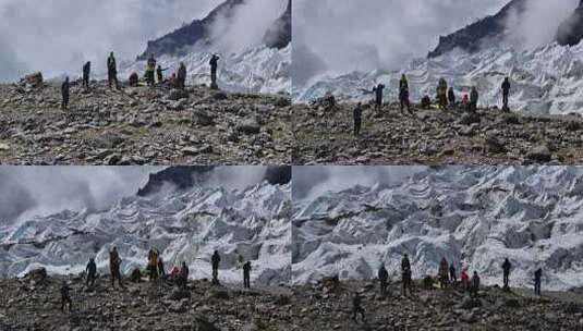 航拍四川第二高峰中山峰冰塔林前的登山者高清在线视频素材下载