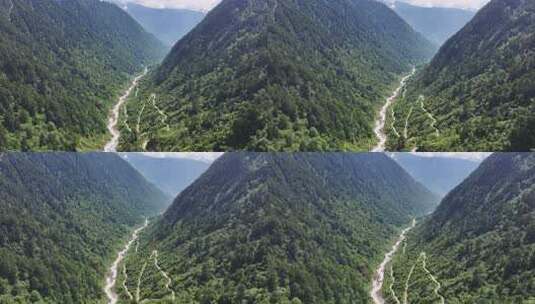 航拍四川甘孜贡嘎山区南门关沟森林河谷风光高清在线视频素材下载