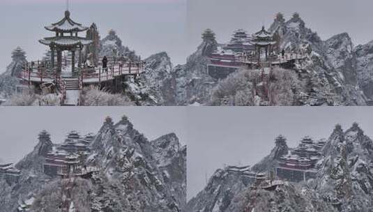 3倍渐远半环绕老君山主峰道观群雪景高清在线视频素材下载