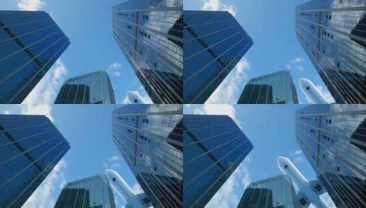 丽泽金融特写仰角拍摄飞机从建筑屋 飞过高清AE视频素材下载