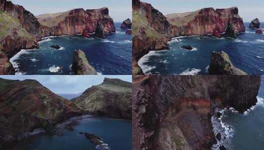 航拍大海海岛海浪冲击礁石蓝天白云高清在线视频素材下载