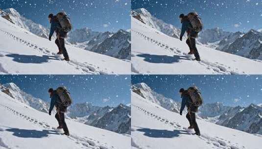 雪山中背着背包的登山者高清在线视频素材下载