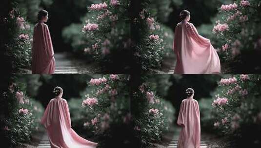 唐风美人漫步花径古典意境唯美动人高清在线视频素材下载