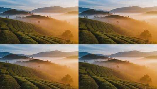 晨曦中的茶山自然风光高清在线视频素材下载