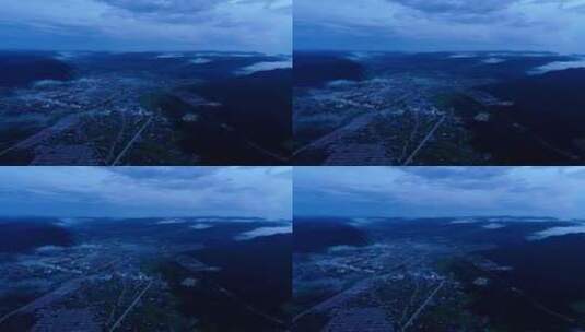 航拍夜雾迷漫的大兴安岭山村风景高清在线视频素材下载