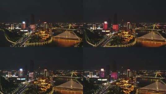 航拍宁波甬江珍珠贝外滩大桥夜景4K航拍高清在线视频素材下载
