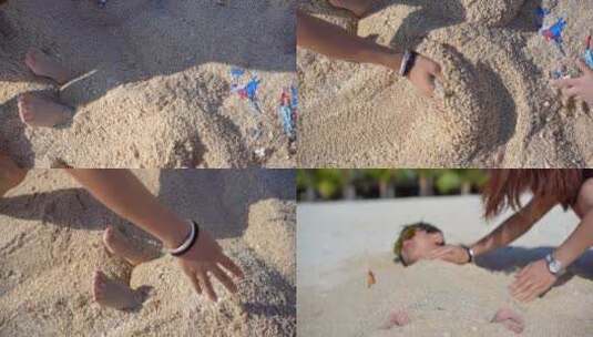 小男孩沙滩开心玩沙子埋掉自己高清在线视频素材下载