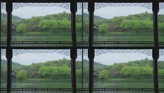 春天杭州乌龟潭阴雨天古建筑植物绿色自然高清在线视频素材下载