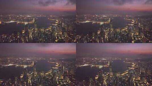 航拍香港维多利亚港黎明景观高清在线视频素材下载