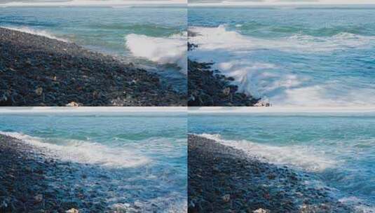 大浪翻滚的黑色鹅卵石海滩高清在线视频素材下载