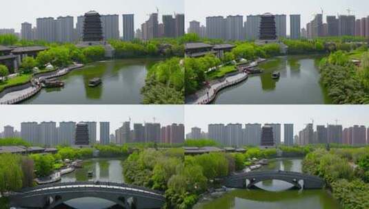 航拍西安汉城湖景区 汉城湖河道高清在线视频素材下载