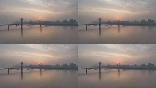武汉长江二桥清晨航拍高清在线视频素材下载
