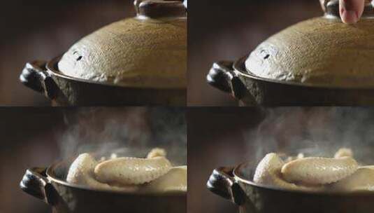 砂锅里沸腾的鸡汤高清在线视频素材下载