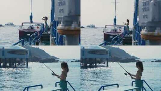 美女在游艇上海钓高清在线视频素材下载