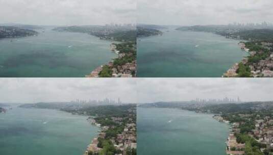 伊斯坦布尔博斯普鲁斯海峡和水边别墅鸟瞰图高清在线视频素材下载
