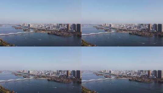 固定河面大桥游船城市高清在线视频素材下载