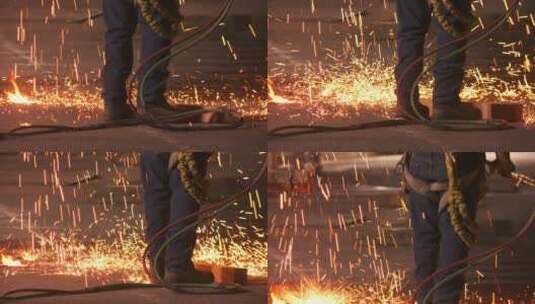 工人焊接钢材喷溅的火花高清在线视频素材下载
