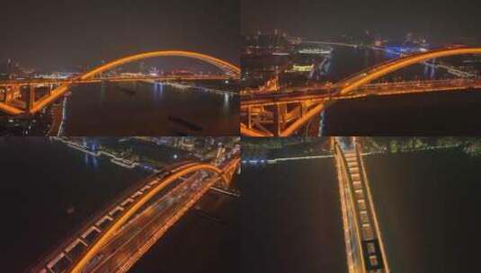 航拍卢浦大桥侧面转正面的夜景高清在线视频素材下载