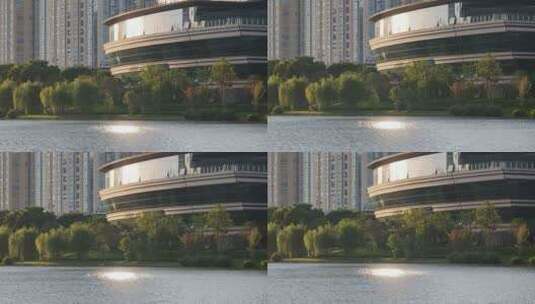 上海松江五龙湖公园沿岸建筑绿化带高清在线视频素材下载