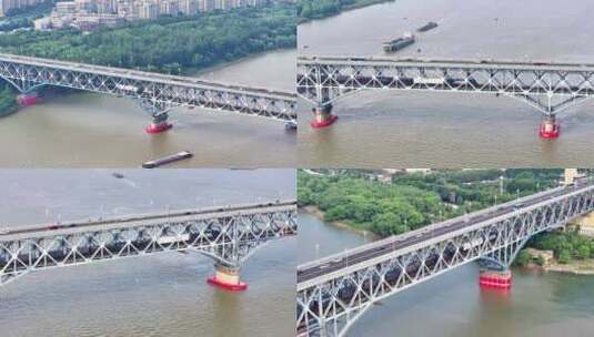 4k航拍南京长江大桥车流铁路长江轮船运输高清在线视频素材下载