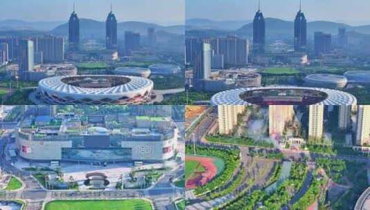 航拍枣庄新城文体中心双子星广场高清在线视频素材下载