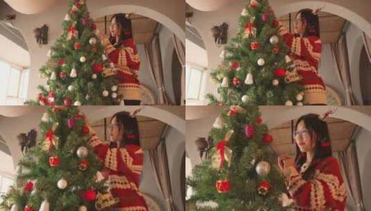 圣诞节漂亮女孩准备圣诞节礼物装饰圣诞树高清在线视频素材下载