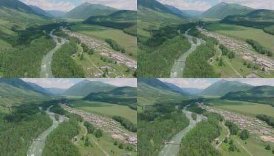 航拍夏季的新疆禾木村风景高清在线视频素材下载