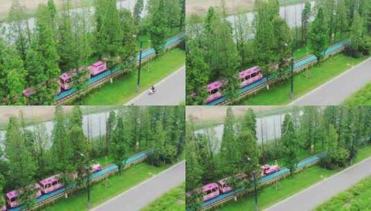苏州太湖林渡暖村小火车航拍高清在线视频素材下载