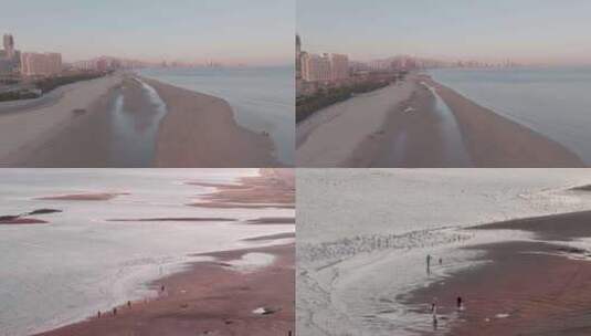 航拍海边城市沙滩游玩空镜海鸥海岸线高清在线视频素材下载
