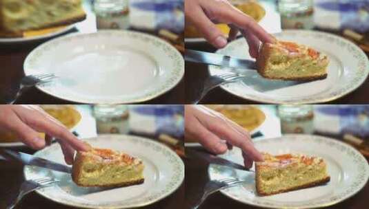 白盘上的蛋糕切片高清在线视频素材下载