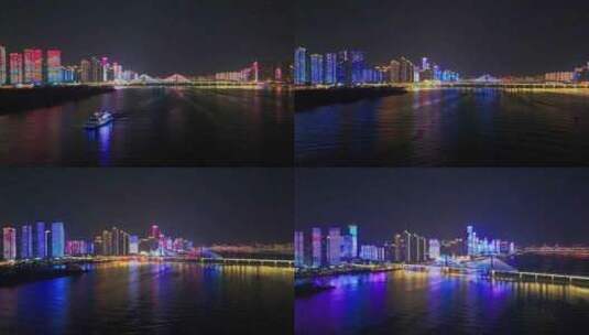 4k长沙湘江橘子洲夜景航拍高清在线视频素材下载