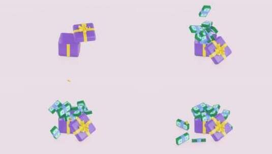 带金钱动画的礼品盒。一大堆美元钞票。3d高清在线视频素材下载