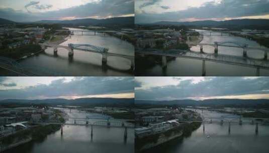 黄昏时分查塔努加市中心、田纳西河和三座桥高清在线视频素材下载