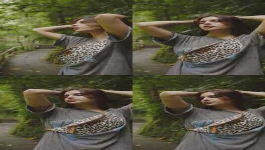 热带森林中长发背带包的女孩垂直视频高清在线视频素材下载