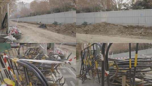 城市道路施工围挡栏杆挖沟铺设管道高清在线视频素材下载