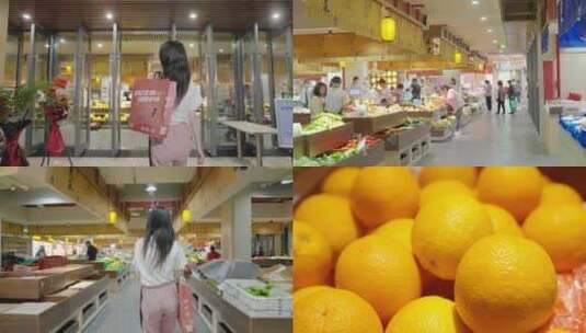 都市美女菜场购物海鲜水果蔬菜买菜高清在线视频素材下载