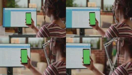 公司员工用绿屏看智能手机显示屏高清在线视频素材下载